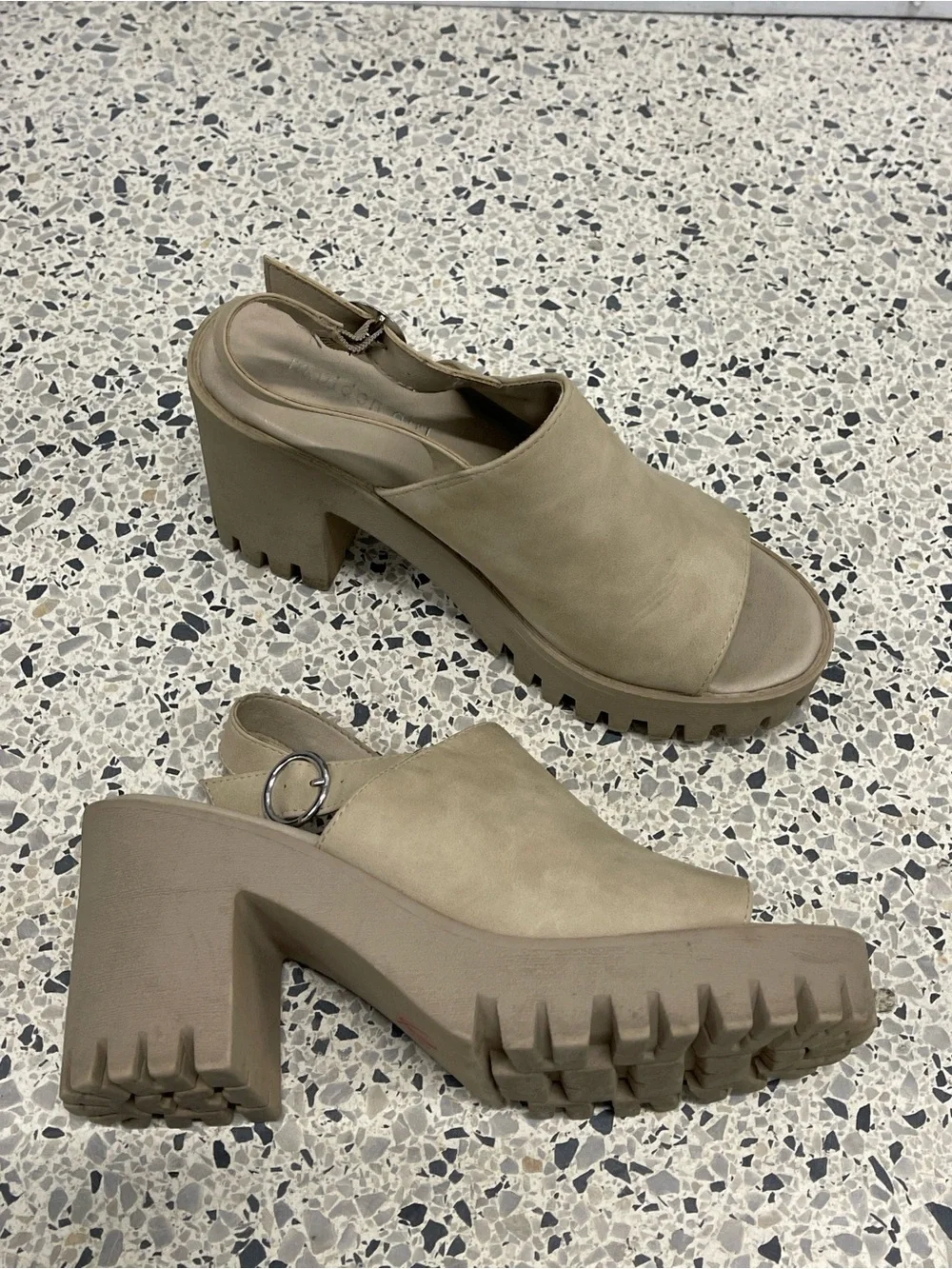 Madden Girl Chunky Taupe Platform Slingback Buckle Block Heels